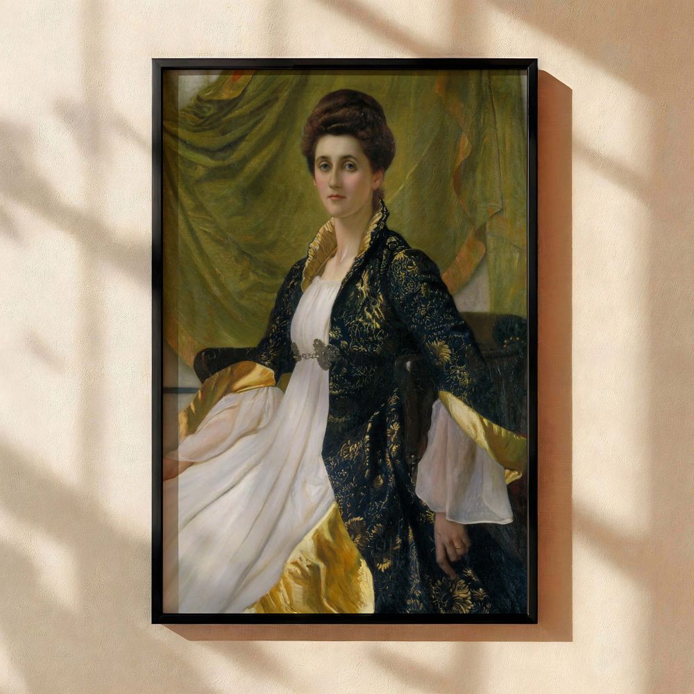 Portrait of Mrs Ernest Moon canvas wall print features a poised noblewoman in elegant robes with gold trim seated gracefully with calm expression, a Victorian masterpiece reproduced as canvas wall art for traditional home interiors and classical portrait 