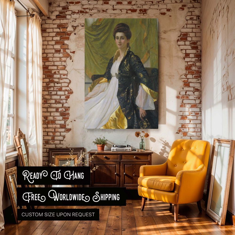 High-resolution canvas print of Portrait of Mrs Ernest Moon by Sir William Blake Richmond highlighting the detailed fabric textures, serene pose, and noble presence of a 19th-century English woman in luxurious formal dress, perfect for antique or vintage 