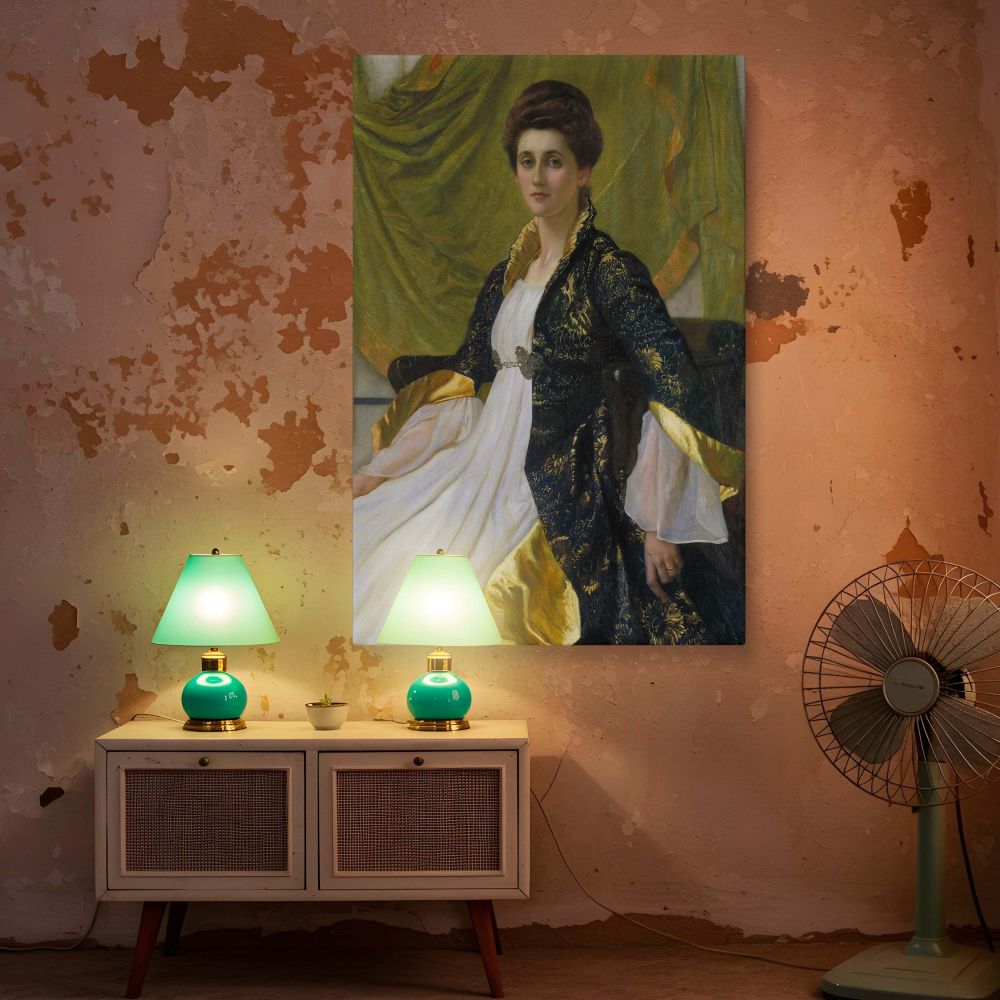 Detailed canvas print of Portrait of Mrs Ernest Moon by Sir William Blake Richmond showing exquisite 19th-century garment design and a quiet, dignified atmosphere, a perfect wall art choice for vintage decor and historical portrait enthusiasts.