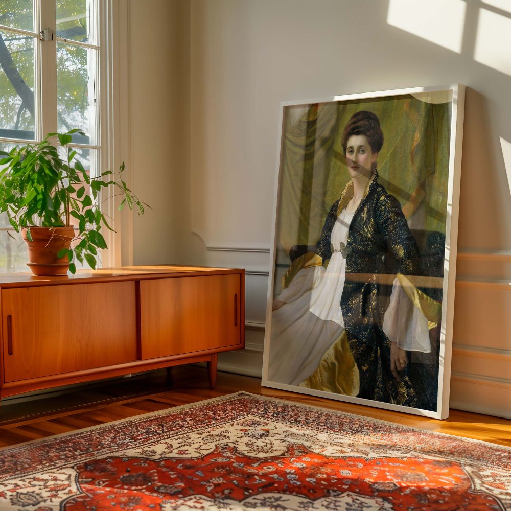 Wall art canvas of Portrait of Mrs Ernest Moon featuring a noble Victorian woman dressed in blue and white silk with gold detailing, painted with sensitivity and realism by Richmond, making it a beautiful addition to classical or feminine interior design.
