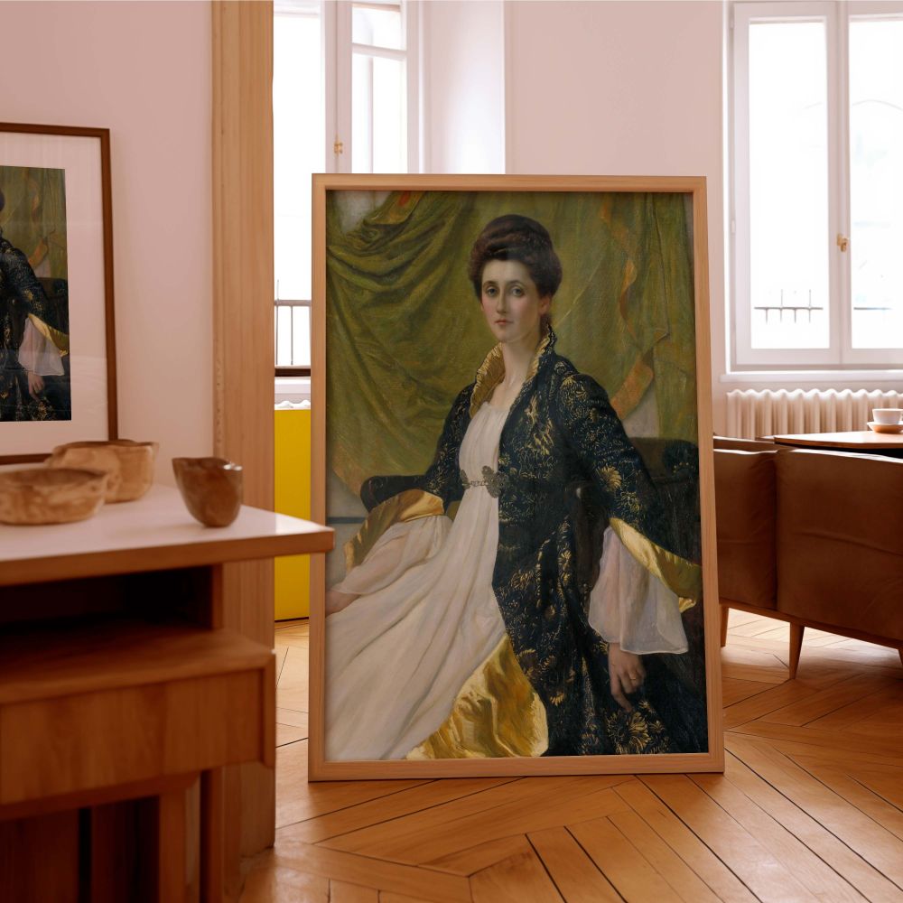 Sir William Blake Richmond's Portrait of Mrs Ernest Moon reproduced on canvas capturing elegance, serenity, and regal bearing in one iconic portrait, perfect for lovers of antique female portraits and refined museum-quality wall art pieces.