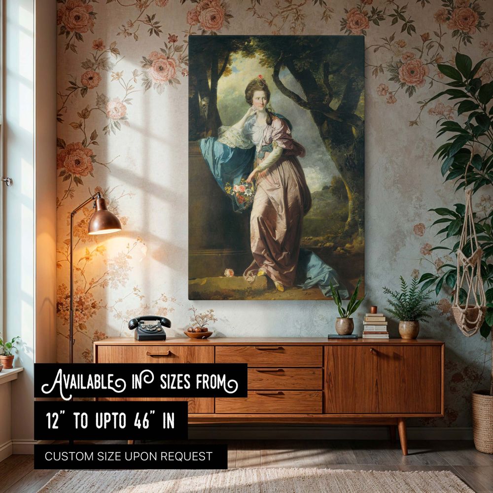 Canvas wall art of Mrs Woodhull by Johan Zoffany featuring an 18th-century woman in flowing pink and blue dress holding a bouquet of flowers, leaning gracefully beside a tree, a romantic Georgian portrait perfect as elegant wall decor for vintage interior