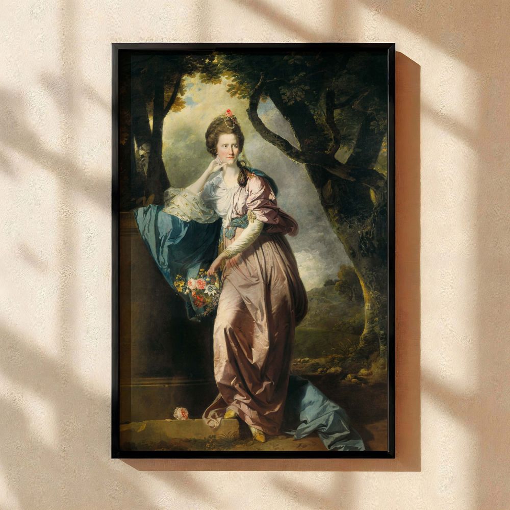 Mrs Woodhull canvas wall art reproduction by Johan Zoffany showing a woman in soft pastel dress with gathered floral bouquet, set in a natural landscape under trees, perfect canvas print for lovers of Georgian portraiture and classic British art in refine