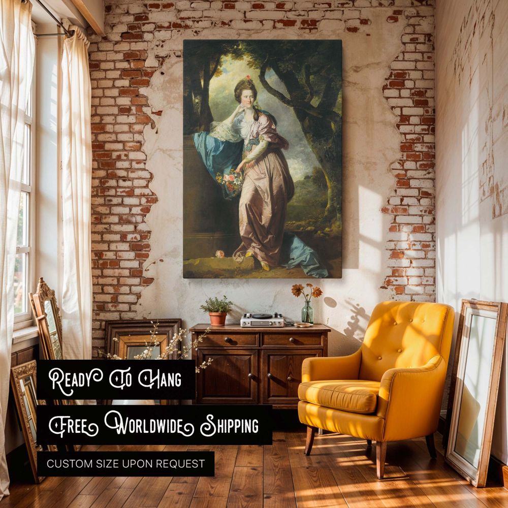 Georgian era portrait of Mrs Woodhull turned into elegant canvas wall art print, capturing the grace and style of 18th-century fashion with a floral motif and lush background, perfect for romantic interiors and collectors of vintage or historical canvas w