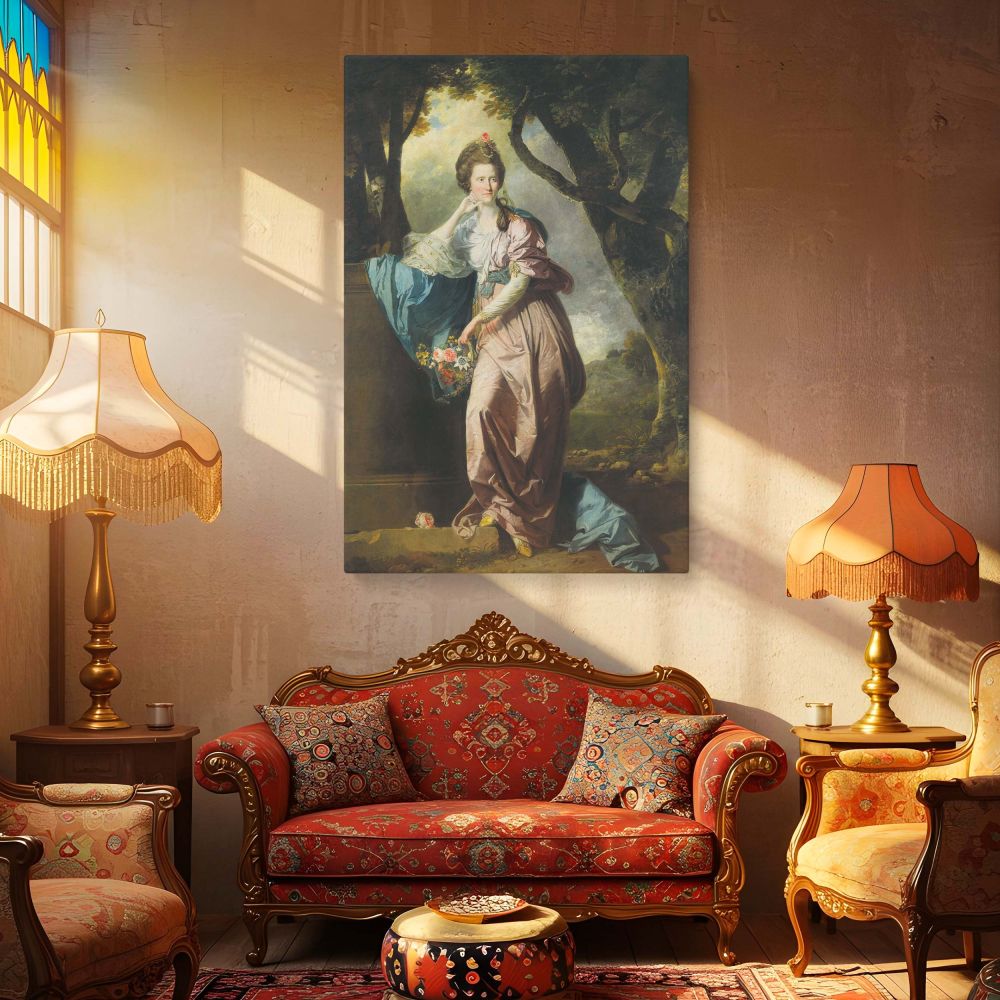 Johan Zoffany's Mrs Woodhull shown in a beautiful canvas wall art reproduction featuring soft tones, floral details, and pastoral elegance, a historical British painting ideal for classical home decor, vintage gallery walls, and refined artistic spaces.