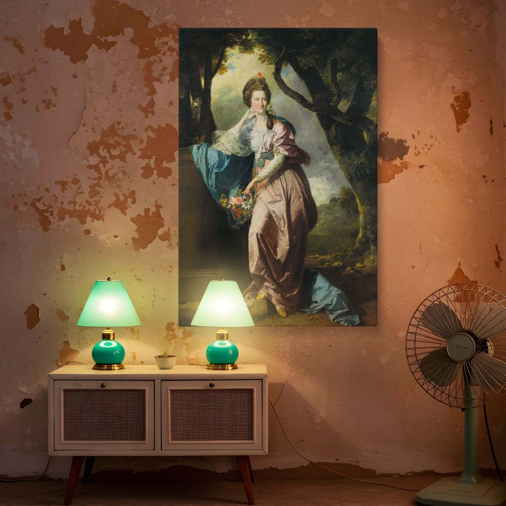 Canvas wall art of Johan Zoffany's painting Mrs Woodhull with delicate pink and blue garments, a bouquet of fresh flowers, and rich Georgian landscape, a timeless addition to vintage-inspired interiors and classical fine art collections.