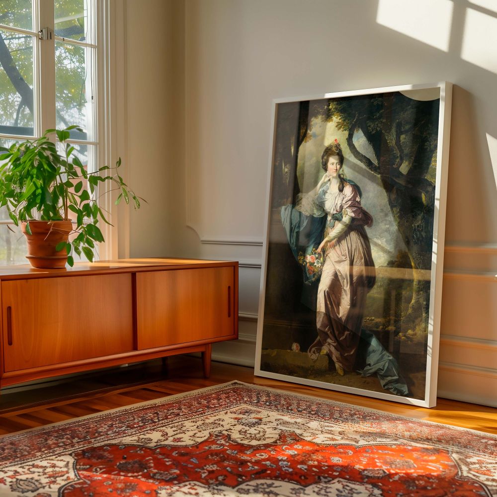 Romantic canvas wall print of Mrs Woodhull painted by Johan Zoffany, showcasing Georgian elegance, florals, and quiet strength, ideal for antique-themed spaces and collectors of vintage woman portrait art and historical British canvas wall decor.