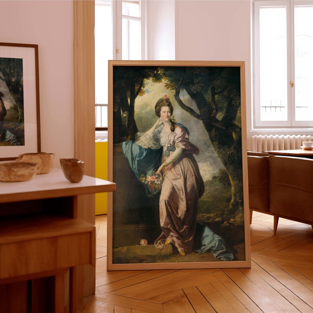Mrs Woodhull canvas print by Johan Zoffany with a graceful standing pose and natural background, reproduced in high-resolution for museum-style wall art lovers who enjoy historical British portraits and refined feminine beauty.