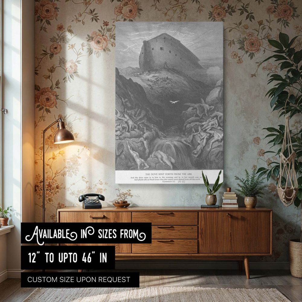 Canvas wall art of Noah's ark resting after the flood as a dove returns with an olive leaf in her beak, symbolizing peace and renewal, beautifully engraved by Gustave Dore in Genesis 8:11 and reproduced with stunning detail for sacred Christian interiors.