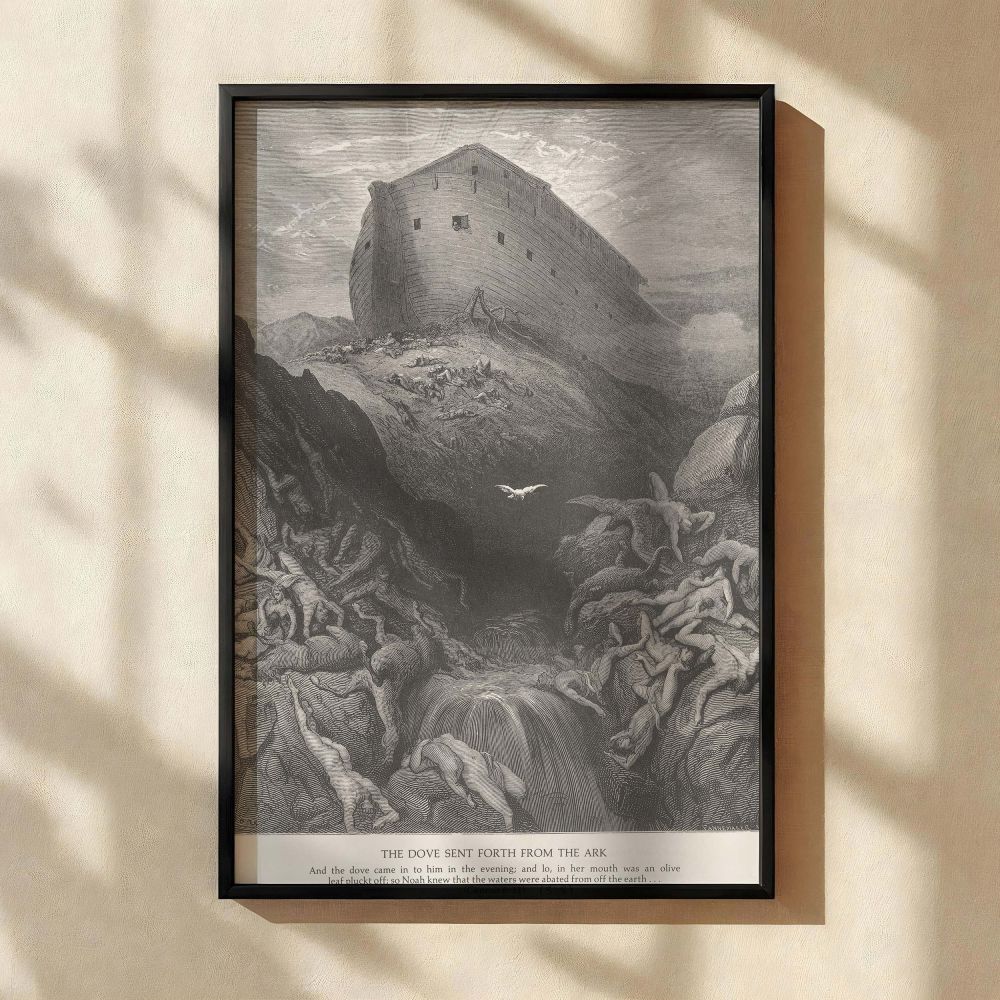This canvas wall art captures the biblical moment when Noah sees the dove return with an olive branch, drawn by Gustave Dore with the ark towering above desolate land, portraying hope, survival, and the end of divine judgment after the flood.