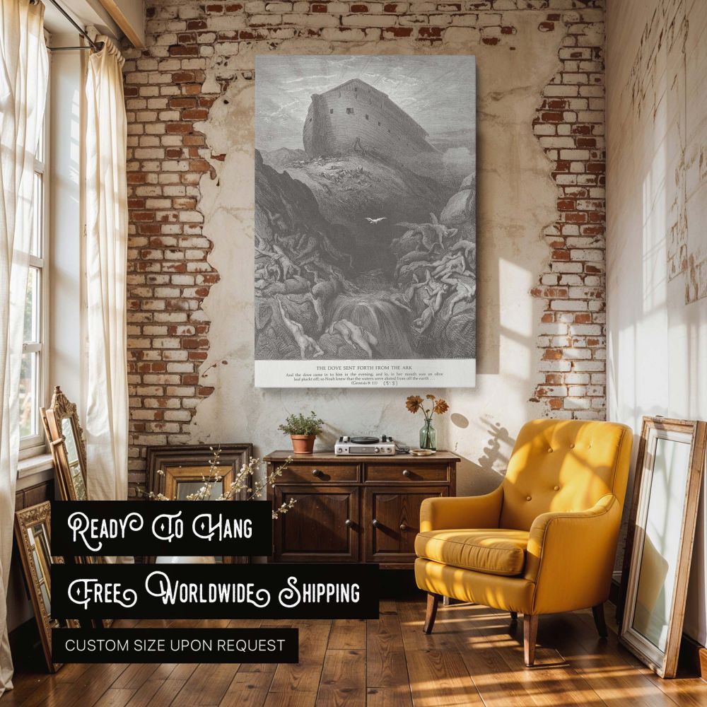 Gustave Dore's Genesis 8:11 engraving of a dove flying back to Noah's ark with an olive leaf is rendered as powerful black-and-white canvas wall art, showing renewal emerging after destruction in a detailed and symbolic Christian masterpiece.