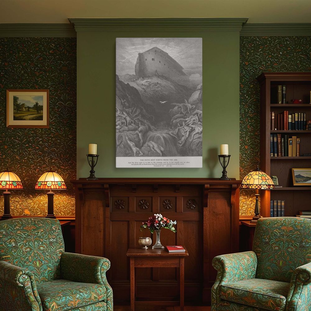 Canvas wall art based on Genesis 8:11 showing Noah's ark perched on dry land as a dove returns from her flight with signs of life, captured in Gustave Dore's emotional and powerful biblical engraving for spiritual and contemplative home display.
