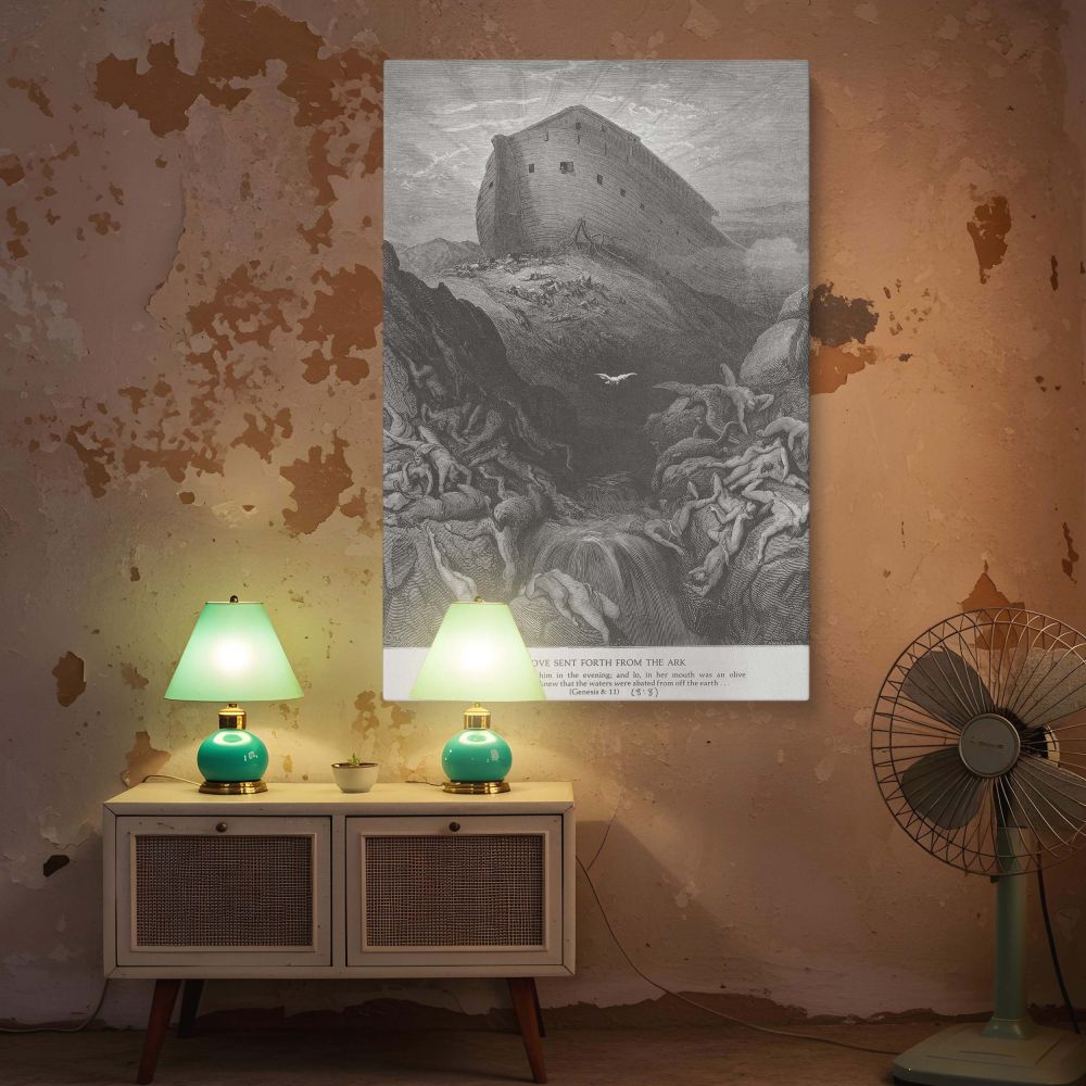 A moving canvas wall art print of Gustave Dore's depiction of the moment the dove brings back an olive branch, revealing that the earth is healing, symbolizing divine mercy and covenant after the flood in powerful black and white style.