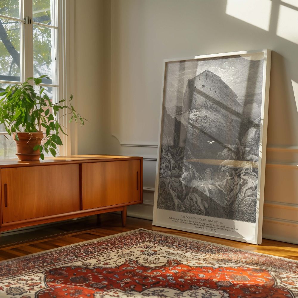 This canvas wall art shows the return of the dove to Noah's ark with an olive leaf after the flood, as engraved by Gustave Dore, surrounded by flood-scarred terrain and resting bodies, reminding viewers of renewal and divine faithfulness.