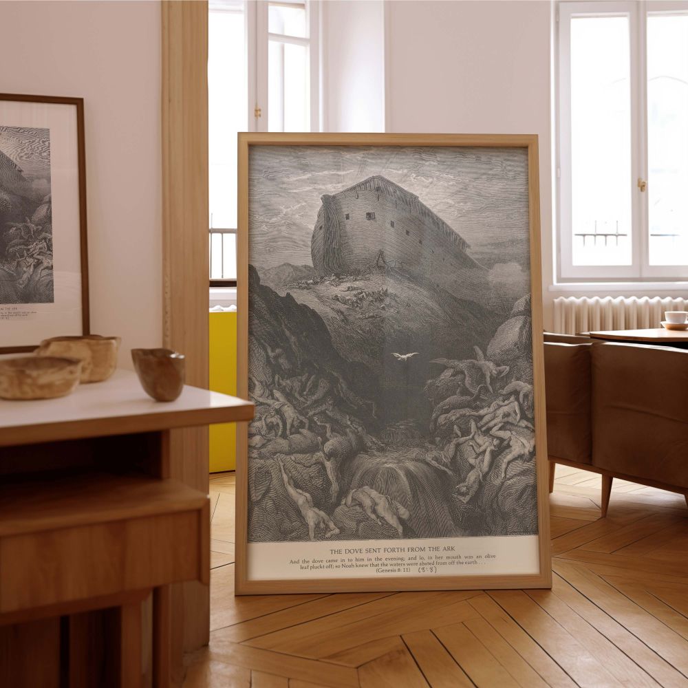 Featuring Noah's ark atop a mountain and the dove gliding home, this Gustave Dore canvas wall art tells the story of Genesis 8:11 with drama and spiritual power, making it a perfect addition to Christian homes and biblical art collections.