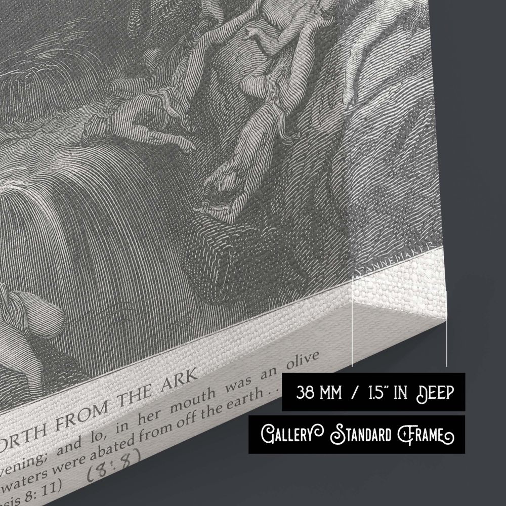 Canvas wall art portraying the Genesis story of Noah's dove bringing back the olive branch after the flood, engraved by Gustave Dore in dramatic black and white, filled with rich theological symbolism and emotional depth.