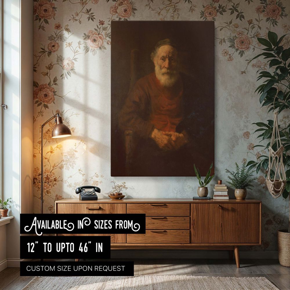 Canvas wall print of Rembrandt's Portrait of an Old Man in Red showing a solemn elderly man seated with hands clasped, dressed in a deep red robe, softly illuminated against a dark brown background. The composition uses dramatic shadow and subtle light to