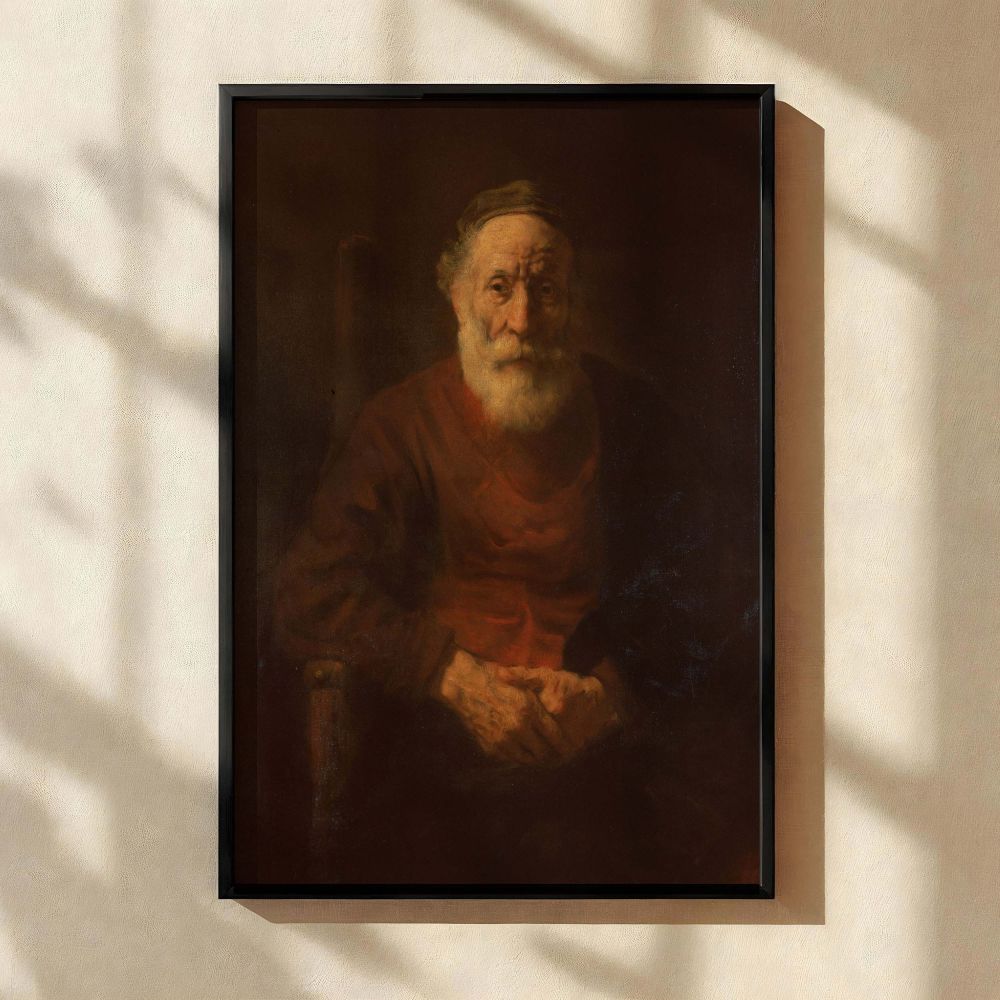 Wall canvas of Rembrandt's Old Man in Red featuring a wise, bearded elder sitting with gentle posture and calm expression, lit by golden light that reveals the softness of his aged features and the folds of his muted red garment. The dark background contr