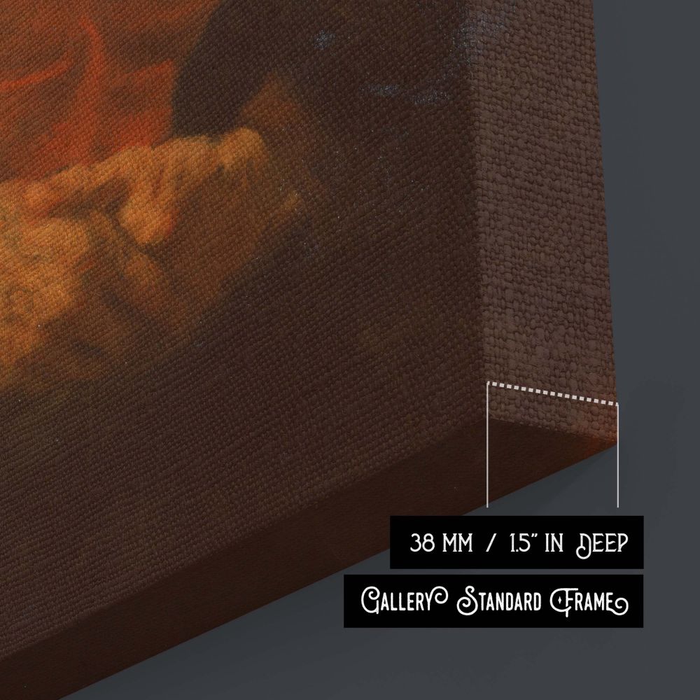 Wall canvas print of Portrait of an Old Man in Red by Rembrandt showing a seated elder in soft lighting, draped in crimson and surrounded by shadow. His features glow gently with wisdom and age, inviting reflection through subtle realism and painterly res