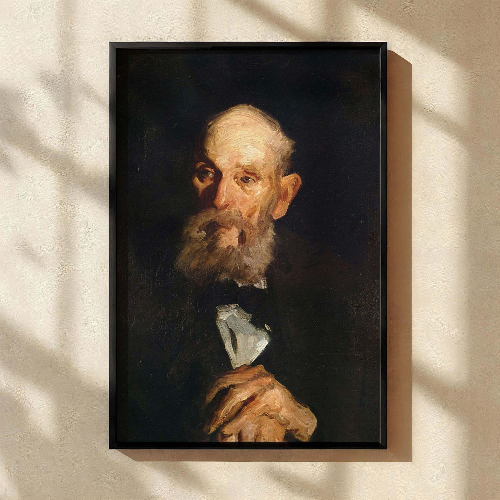 George Bellows' portrait canvas print featuring an aged man with gentle hands folded over a cane, his face dramatically lit against a moody backdrop. The rugged brushwork and earthy tones emphasize age, wisdom, and quiet endurance. Ideal for formal spaces