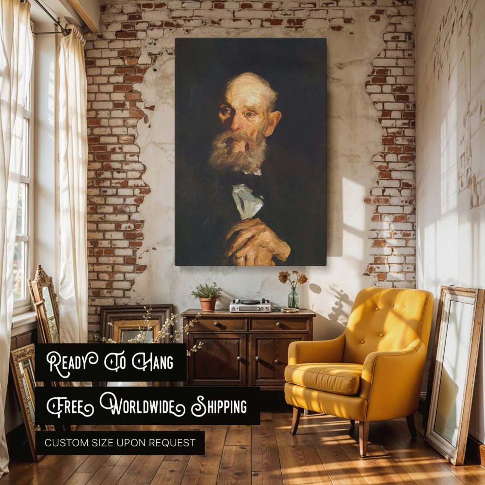 Wall canvas art print of an elderly man painted by George Bellows, highlighting emotional texture through vivid brushwork and contrasting shadows. The man's thoughtful eyes and expressive features make this a compelling piece for serious, quiet interiors.
