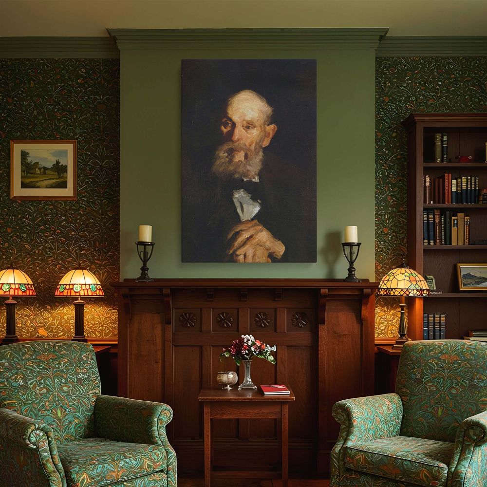 Portrait canvas print by George Bellows featuring a weathered elderly man, his skin creased with time and framed by a full white beard. The sitter's hands clasp the top of a cane, suggesting a moment of pause or reflection. With its dark background and na