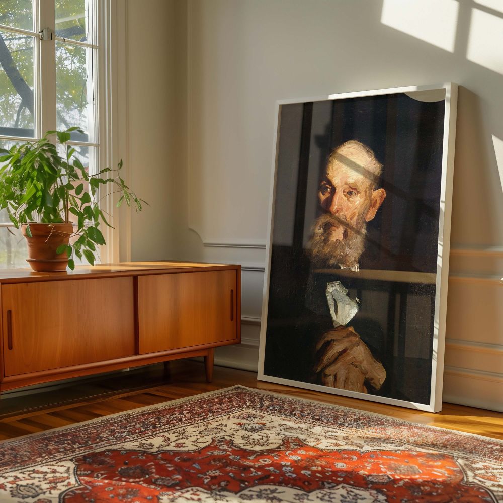George Bellows' portrayal of an elderly man reproduced as canvas wall art, showing a distinguished face with a somber expression. The artist's confident, sweeping brushstrokes give texture to the skin and hair, while the hands rest gently atop a cane. Thi