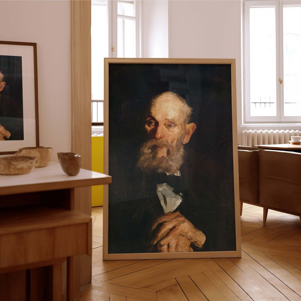 Moody and expressive canvas wall art of George Bellows' painting of an old man, showcasing masterful highlights on the face and beard against a dark background. The subject's calm and contemplative expression makes this artwork ideal for quiet spaces that