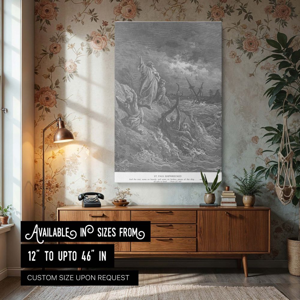 Canvas wall art featuring Paul on the rocky shore after surviving a shipwreck, surrounded by sailors and storm-tossed waves, drawn by Gustave Dore in dramatic black-and-white engraving style capturing the divine deliverance of Acts 27:44 for powerful Chri