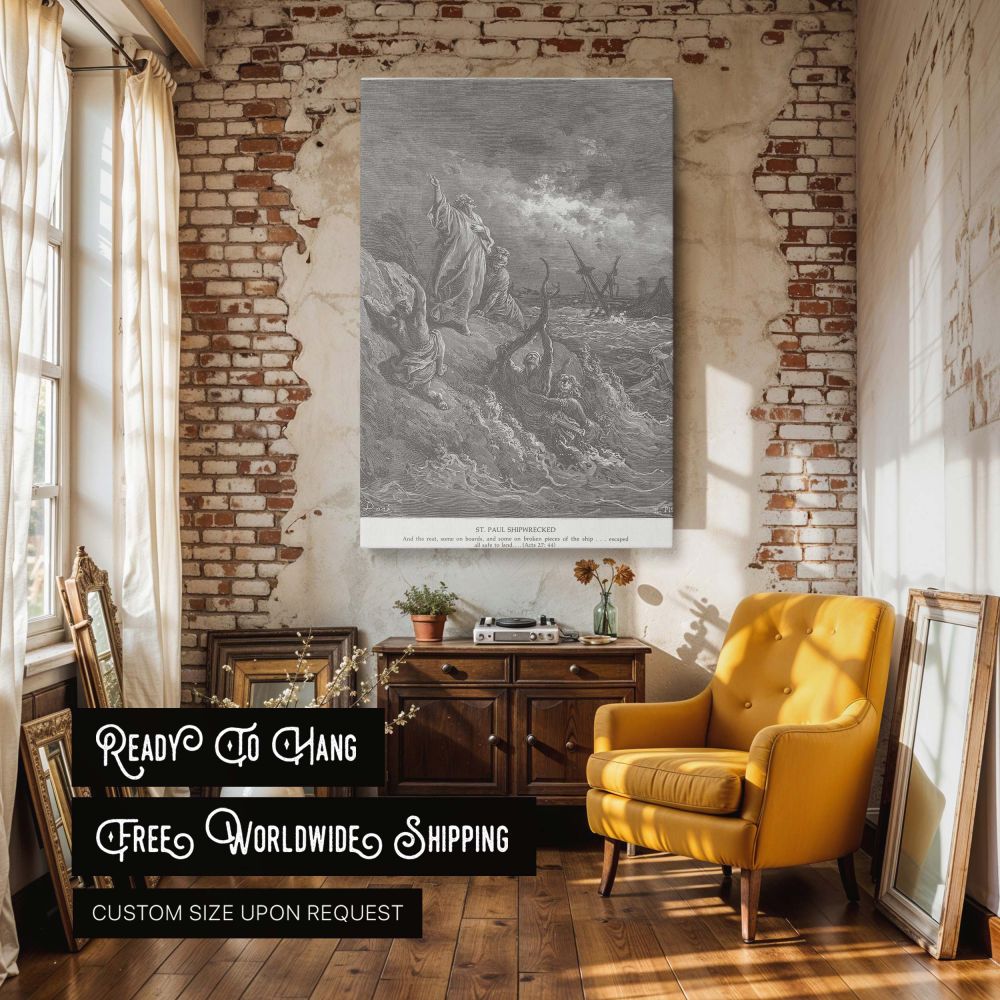 Gustave Dore's engraving of Paul's shipwreck transformed into canvas wall art captures desperate figures clinging to rocks and ropes, while Paul points to heaven as the storm breaks-perfect for reflecting on faith through life's darkest moments.