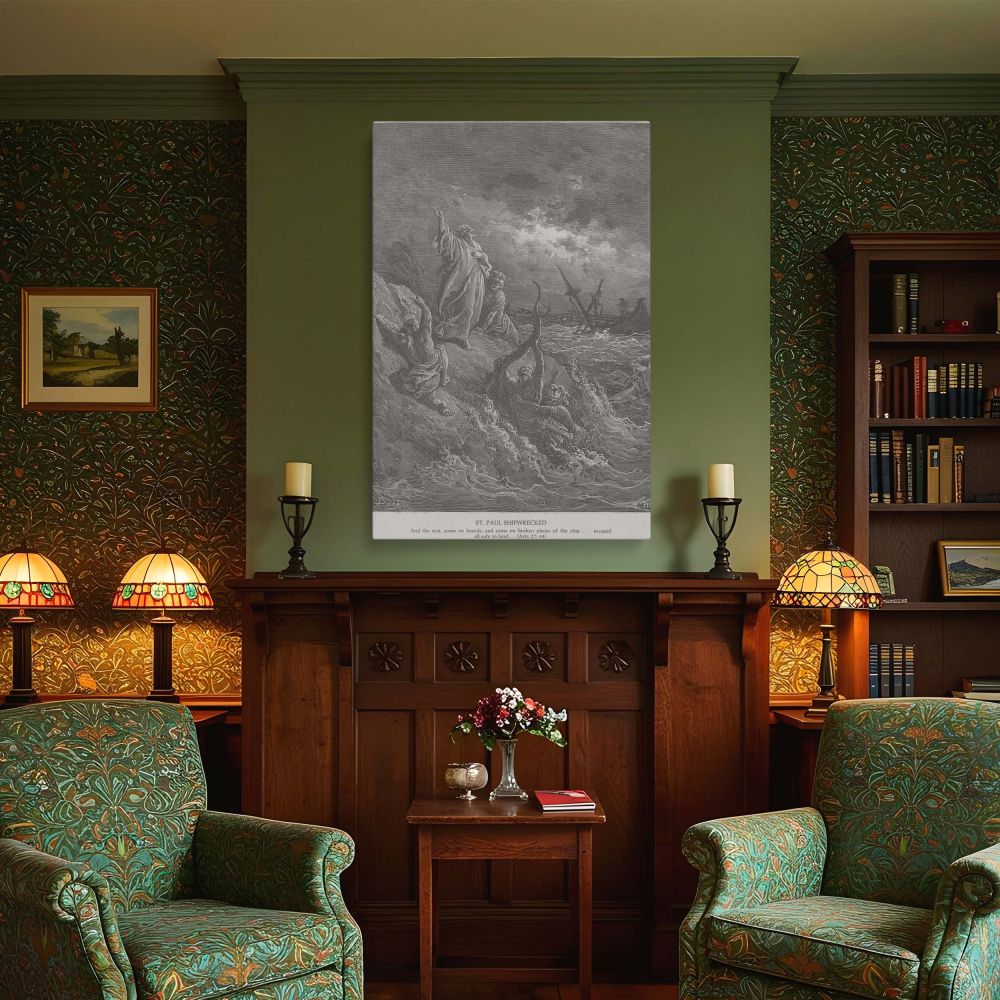 Canvas wall art portraying the biblical shipwreck in Acts 27:44 where Paul and all aboard are saved from a deadly storm, illustrated with stunning intensity in Gustave Dore's engraving for impactful display in Christian homes and ministry spaces.