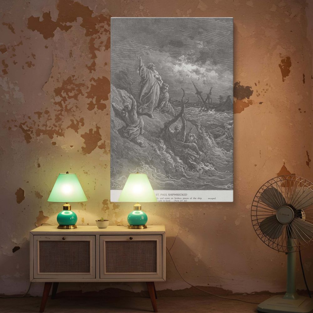 A dramatic scene of survival brought to life in canvas wall art, showing Paul giving thanks after the shipwreck as men emerge from stormy waters, with Dore's fine lines offering spiritual emotion and sacred storytelling for Christian decor.