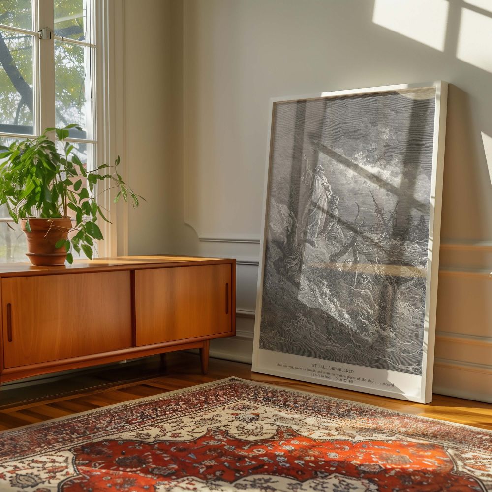 This canvas wall art powerfully illustrates Paul's shipwreck and rescue with broken ships, violent waves, and clinging survivors, drawn by Gustave Dore as a moment of divine faithfulness and perseverance perfect for church or home use.