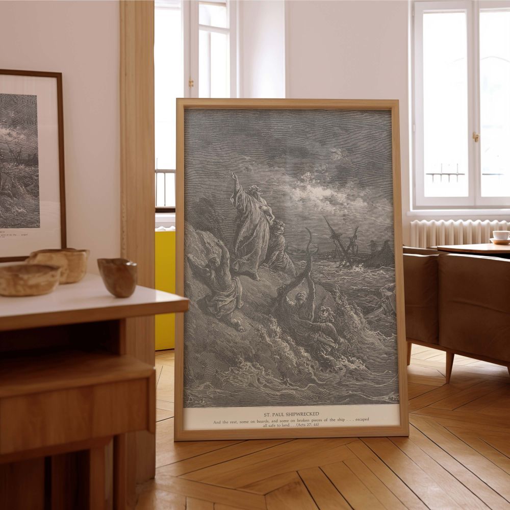 Canvas wall art of Gustave Dore's vision of Acts 27:44, showing survivors reaching the rocky shore while Paul gestures heavenward, symbolizing divine protection and answered prayer amid disaster in a beautiful black-and-white biblical scene.