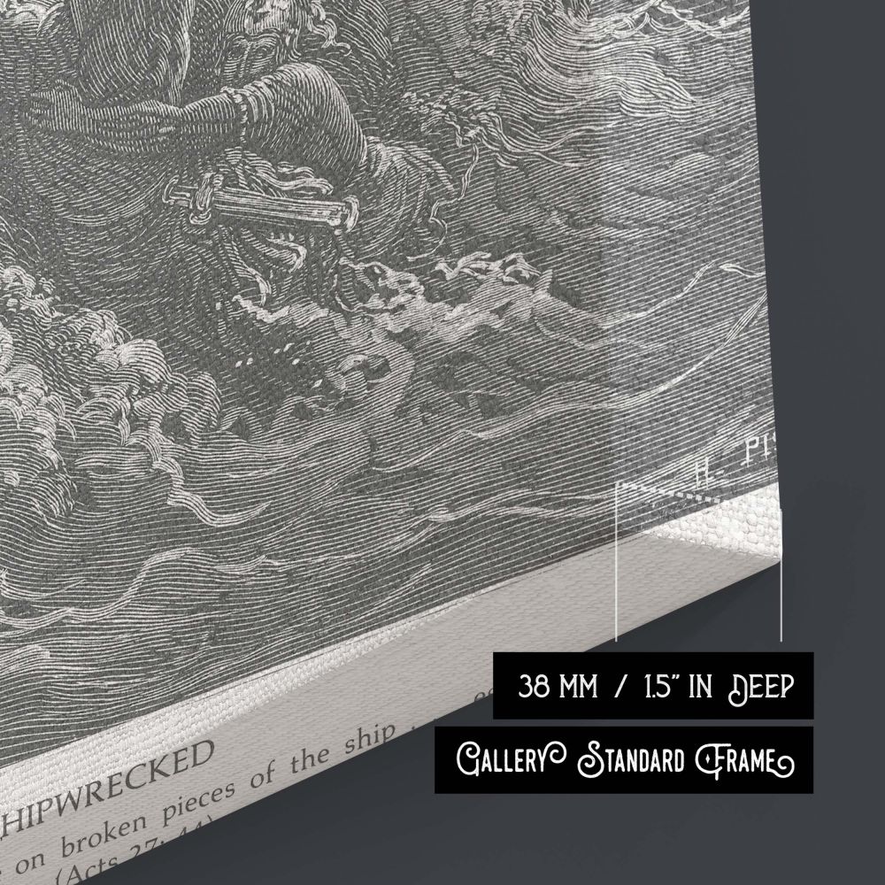 A sacred scene of trial and salvation rendered as canvas wall art from Gustave Dore's engraving, showing Paul and others reaching land after a devastating storm, a moving testimony to God's promises for spiritual and inspirational interiors.