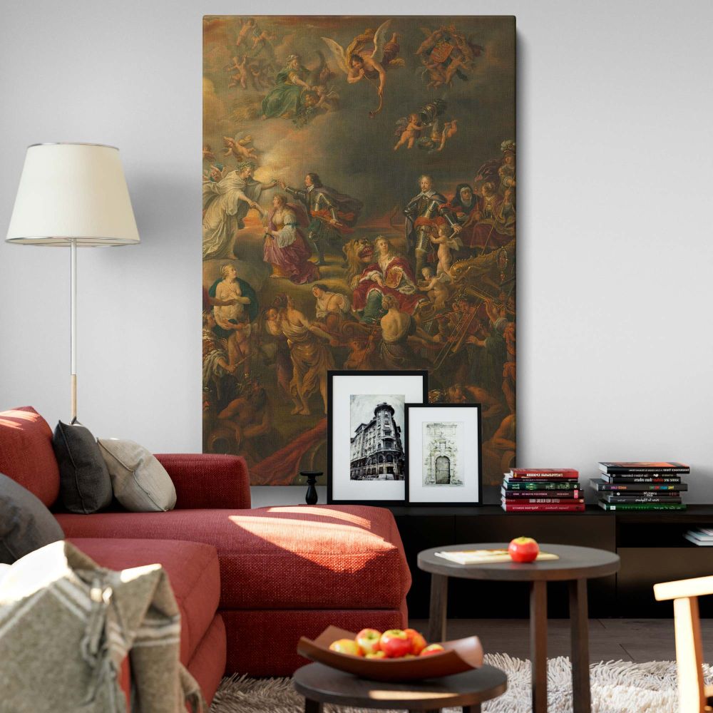 A grand allegorical baroque painting by Adriaen van Nieulandt I, created in 1650, depicting peace under Stadholder Willem II with celestial beings, mythological figures, and symbols of abundance celebrating justice, harmony, and the triumph over war.