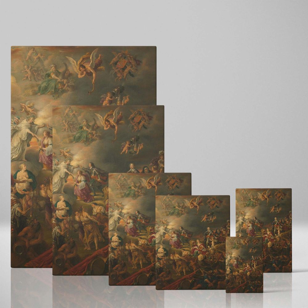 Baroque art by Adriaen van Nieulandt I, depicting peace under Stadholder Willem II, with angels, cherubs, and allegorical figures celebrating harmony, justice, and the triumph of prosperity over conflict during the Dutch Republic's golden age.
