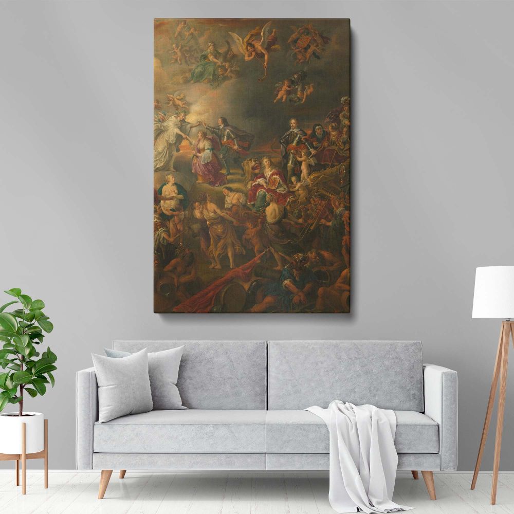 An intricate allegorical painting by Adriaen van Nieulandt I from 1650, portraying peace under Willem II with angels, mythological characters, and symbols of prosperity, emphasizing the Dutch Republic's unity and victory over war.