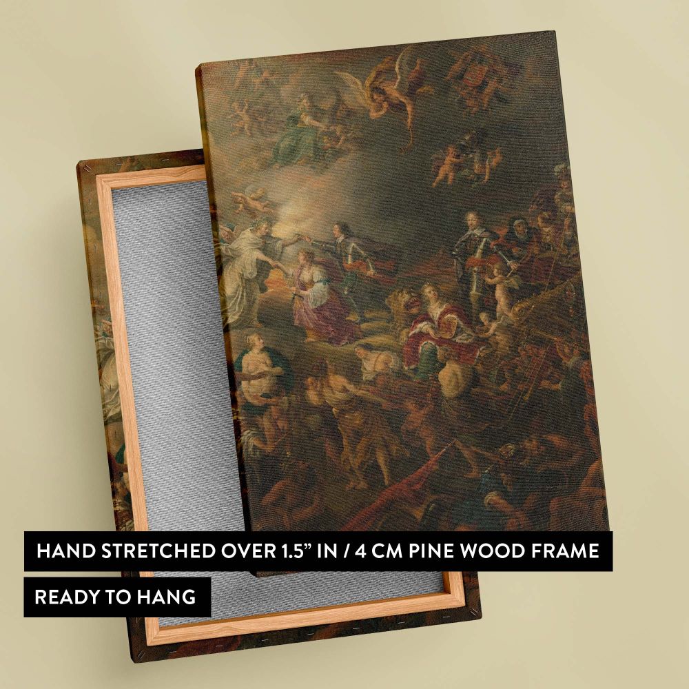 A 1650 painting by Adriaen van Nieulandt I, depicting peace under Willem II, with cherubs, allegorical figures, and celestial symbols celebrating harmony, justice, and the defeat of conflict in the Dutch Republic during its golden age.