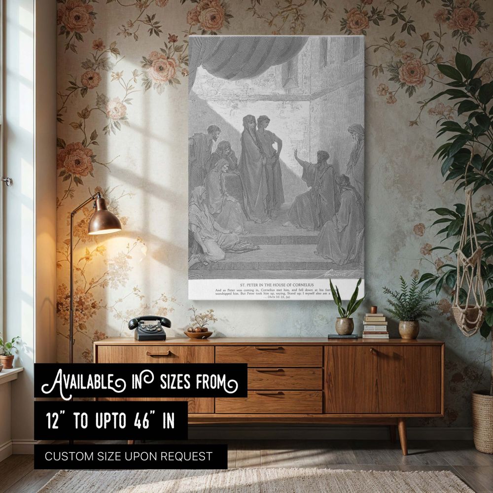 Canvas wall art showing Peter preaching in the house of Cornelius from Gustave Dore's biblical engraving, capturing the historic moment when the gospel was shared with Gentiles, perfect for Christian home decor and missionary-themed sacred spaces.