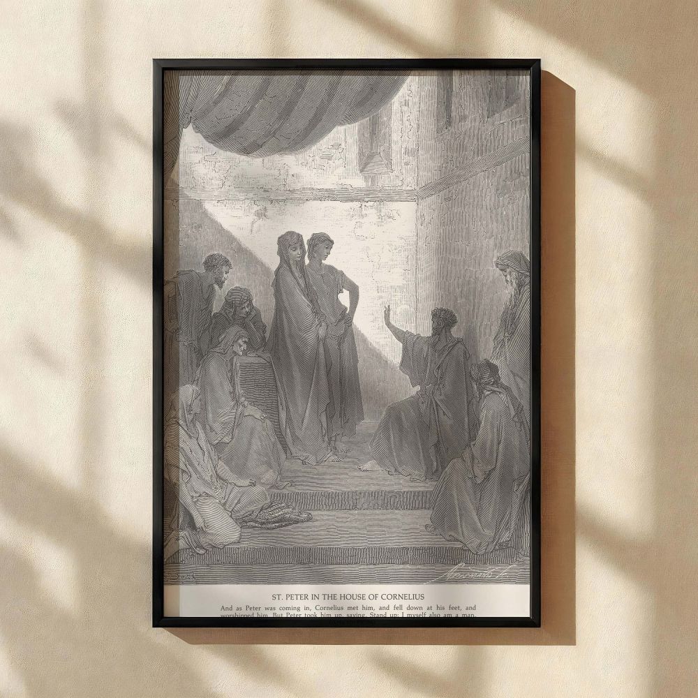 This canvas wall art illustrates Peter addressing Cornelius and his household with reverence and clarity, a powerful image from Acts 10:25, 26 engraved by Gustave Dore, ideal for Christian prayer rooms and spaces that honor gospel outreach.