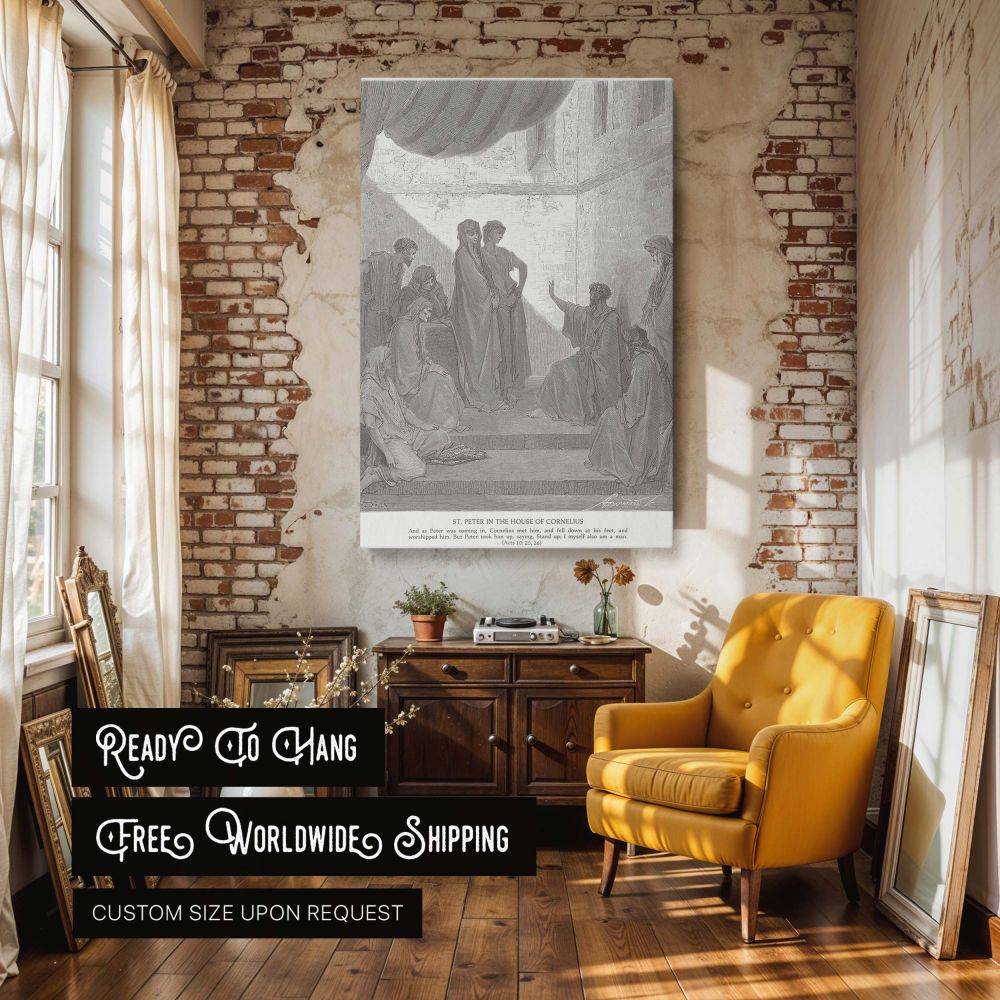 A powerful moment of spiritual inclusion is captured in this canvas wall art showing the Apostle Peter speaking to Gentiles in Cornelius's house, based on Gustave Dore's dramatic black-and-white engraving, ideal for sacred Christian interiors.