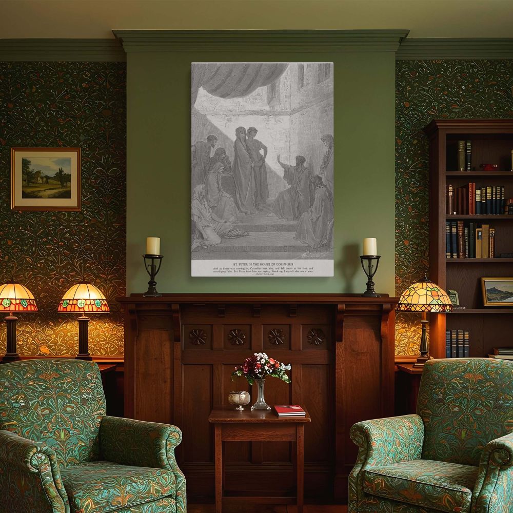 Gustave Dore's illustration of Peter preaching in Acts 10:25, 26 is transformed into this moving canvas wall art showing the apostle delivering God's message to a gathered Gentile household with spiritual dignity and missionary significance.