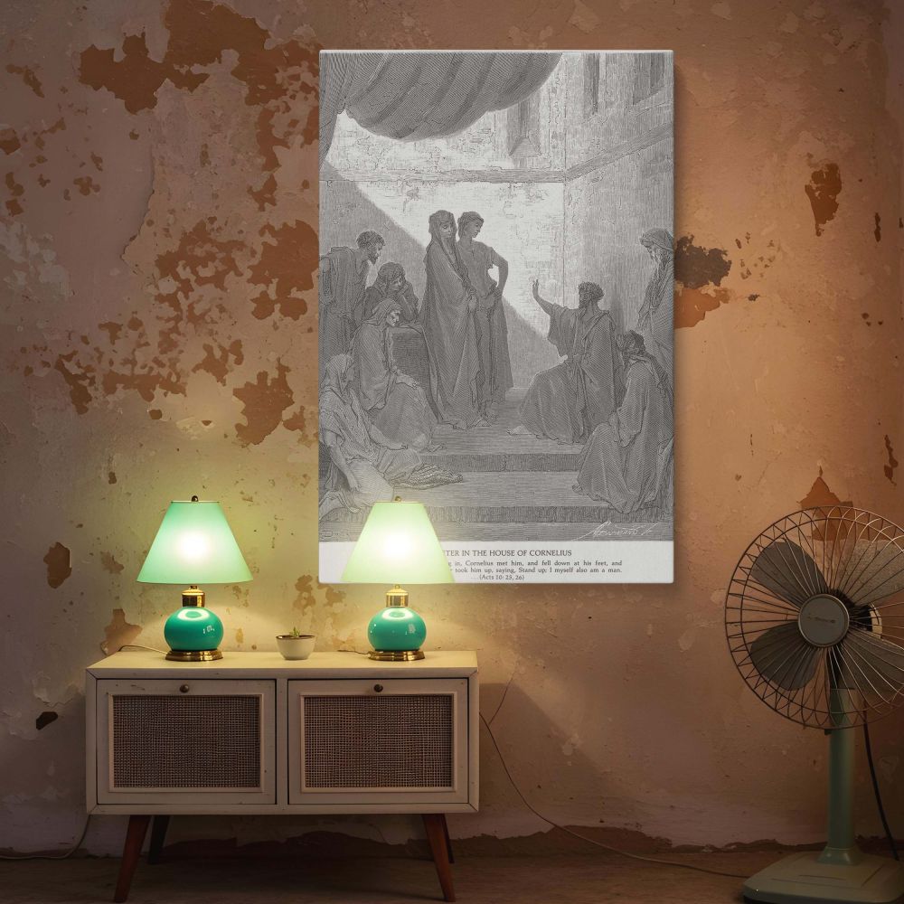 Canvas wall art of Peter extending his hand in teaching while surrounded by Cornelius and his family, a solemn depiction of divine inclusion and gospel outreach from Gustave Dore's biblical engraving, ideal for religious study or reflection areas.