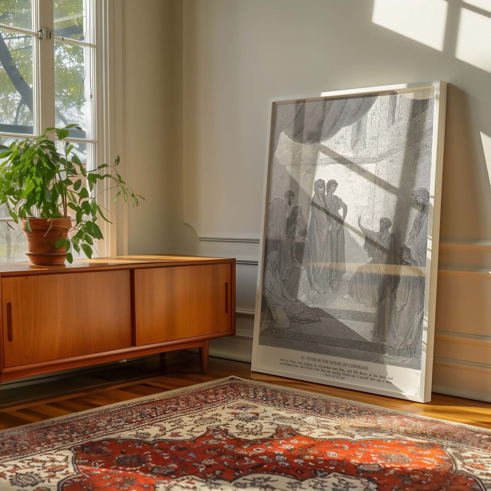 This canvas wall art powerfully portrays Peter in the house of Cornelius as he shares the gospel, drawn with rich engraving detail by Gustave Dore, emphasizing themes of acceptance and divine calling for Christian home and ministry settings.