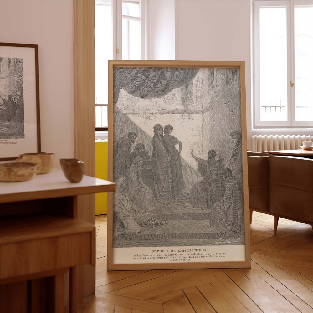 Canvas wall art showing the humility and reverence of Cornelius kneeling before Peter who gently redirects the worship to God, from Gustave Dore's detailed Acts 10:25, 26 engraving-a visual reminder of truth and humility in Christian practice.