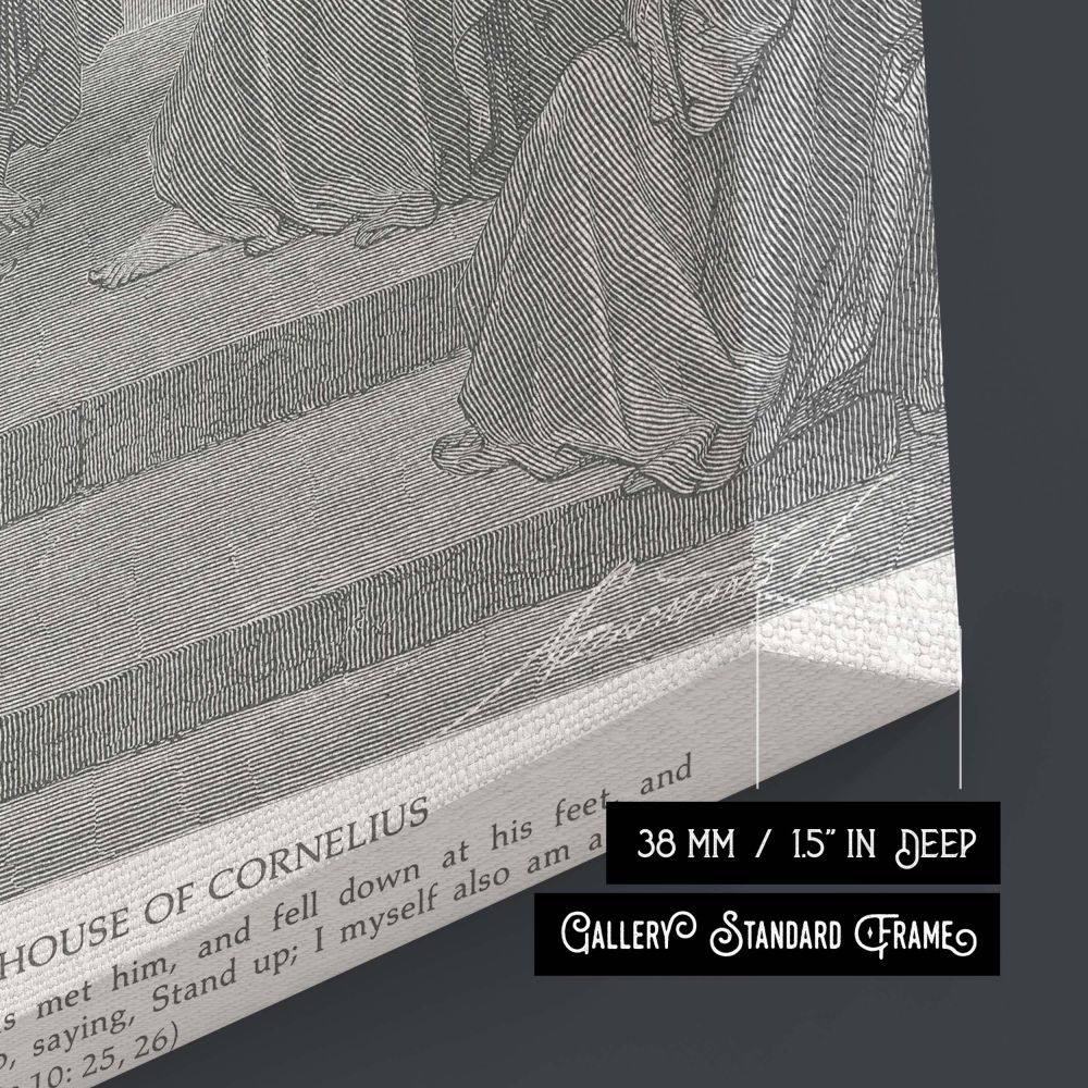 Gustave Dore's biblical engraving recreated in canvas wall art shows Peter speaking to attentive listeners in Cornelius's house, marking the pivotal moment of Gentile inclusion in Christianity, suitable for spiritual and educational spaces.
