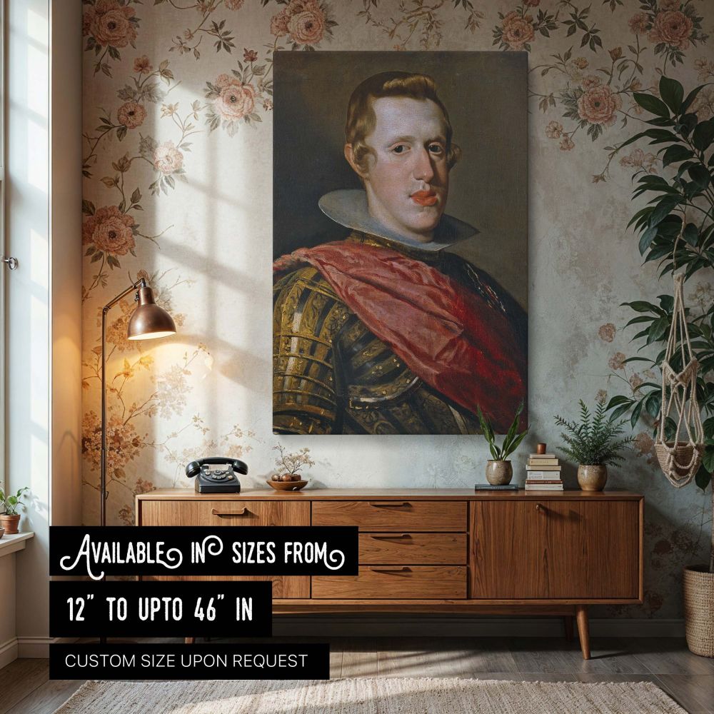 Canvas wall art of Velazquez's Philip IV in Armor showing the Spanish king in detailed ceremonial armor with red sash, painted in baroque style with neutral background and lifelike expression, capturing royal authority and historic elegance in a regal por