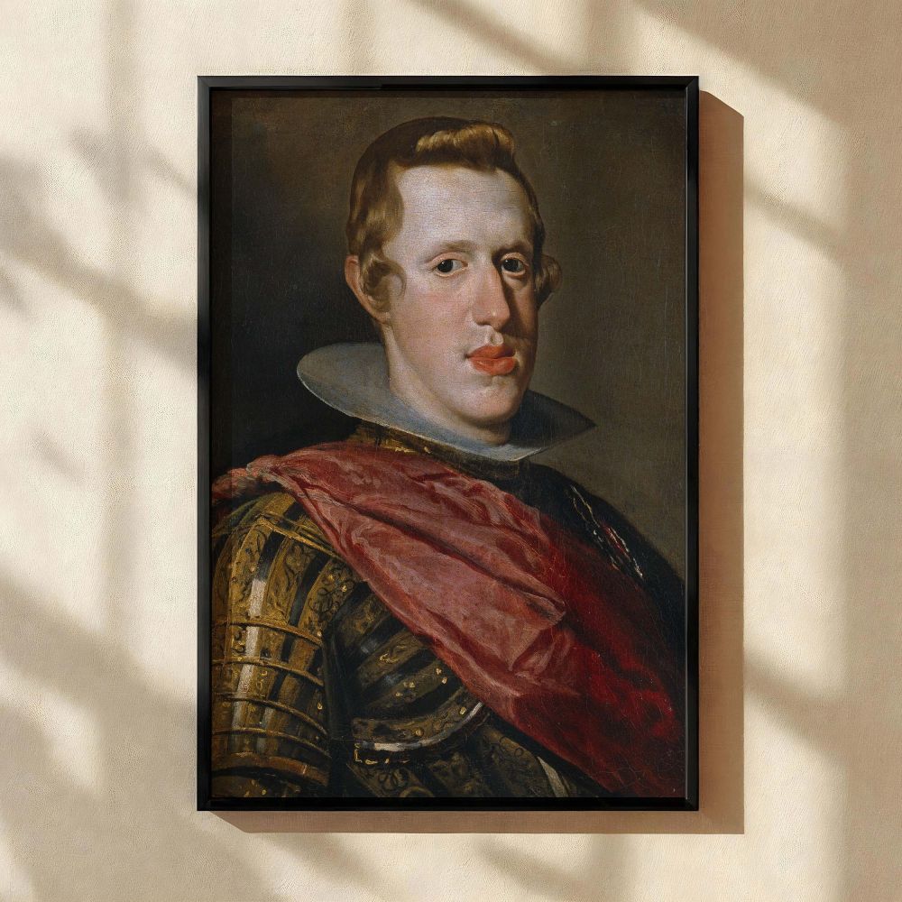 This canvas wall art reproduction of Philip IV in Armor by Velazquez features the Spanish monarch posed in finely crafted armor with a rich red sash, gazing outward in a calm but confident demeanor, ideal for classical interiors and royal portrait collect