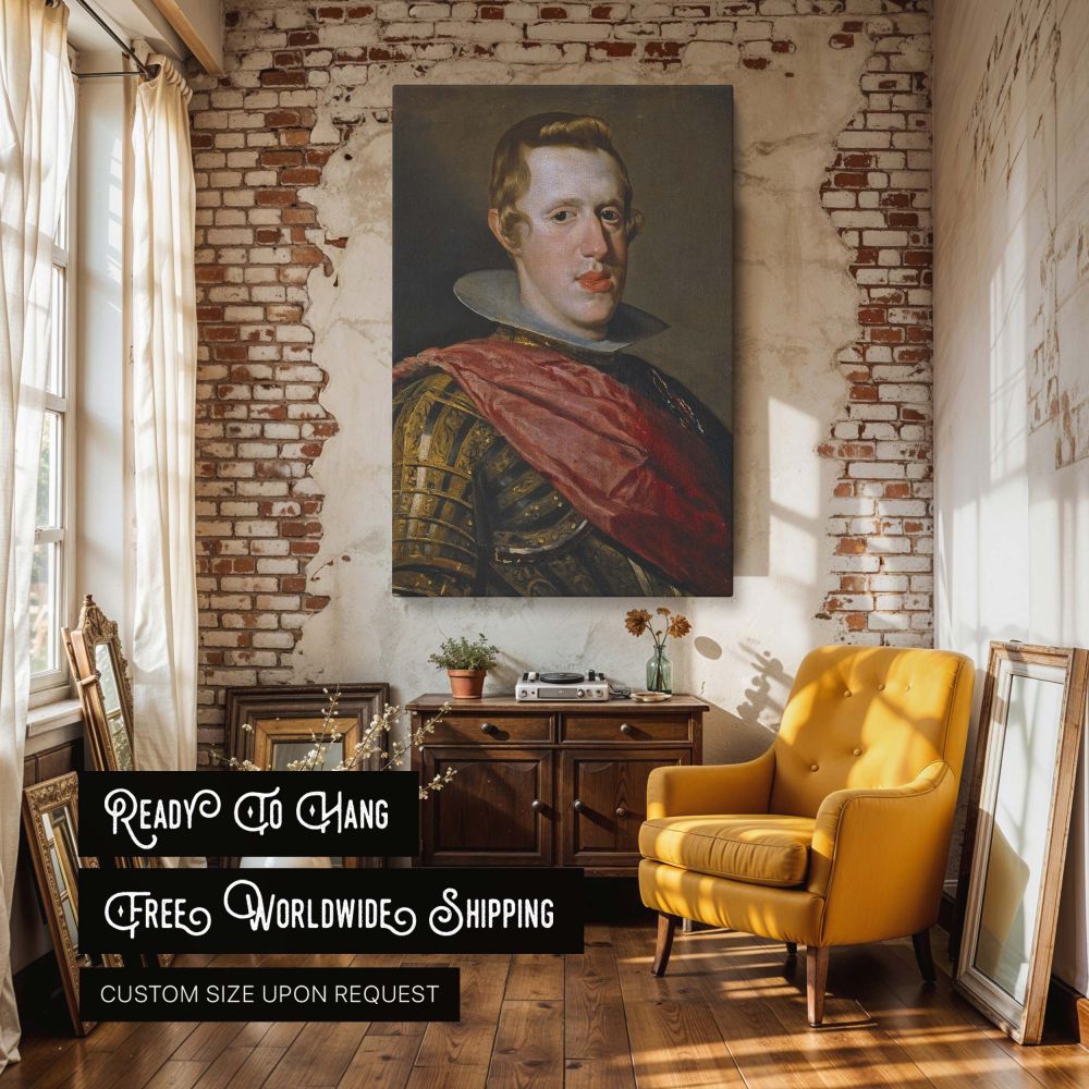 Baroque-style canvas wall art of King Philip IV by Velazquez rendered in dark armor with a vibrant red sash and neutral background, showcasing mastery of realism and royal representation for those who admire historic military portraits.